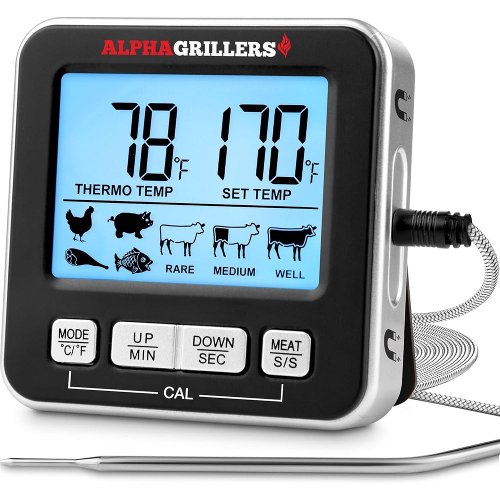 Kitchen Timer Digital - デジタルキッチンオーブン温度計（調理、グリル、BBQスモーカー用）- 7つのプリセット温度アラート、タイマー、アラーム、ステンレス製