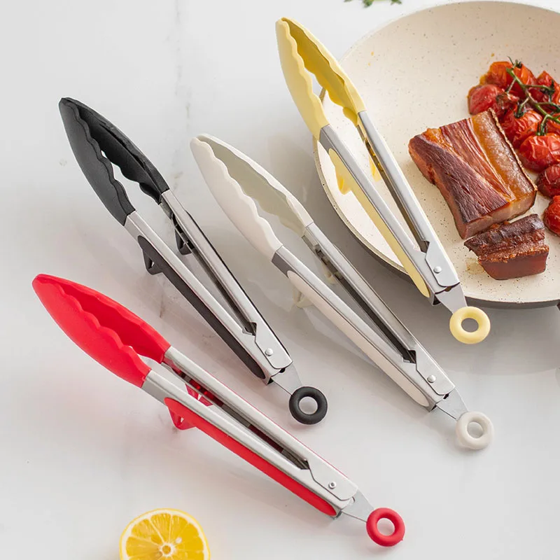 Kitchen Gadgets Under $10 - シリコン滑り止めクッキングクリップ,10インチステンレス鋼フードトング,サラダバーベキューツール,グリルアクセサリー