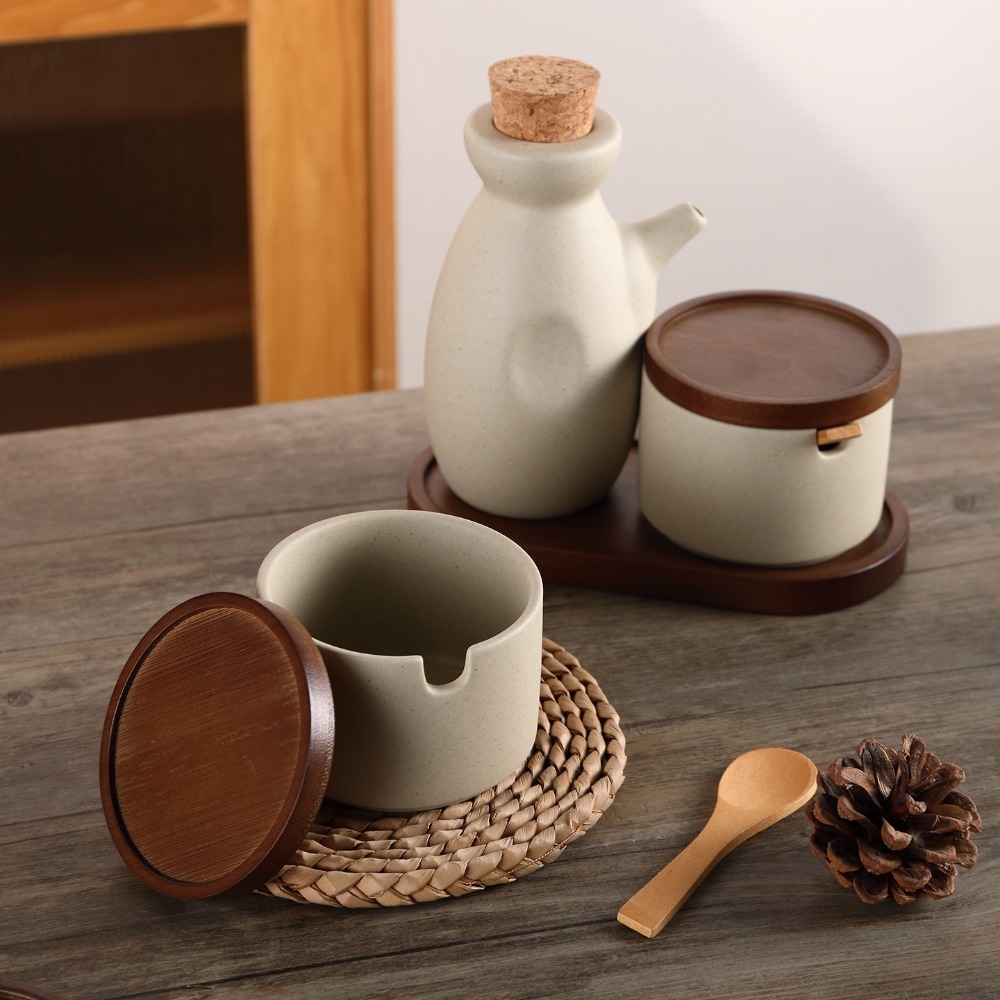 Kitchen Gadgets Vintage - キッチンガジェット和風セラミック調味料入れ蓋付きスプーントレイ付き円筒形スパイスジャー ヴィンテージスパイスキャニスター キッチン用品