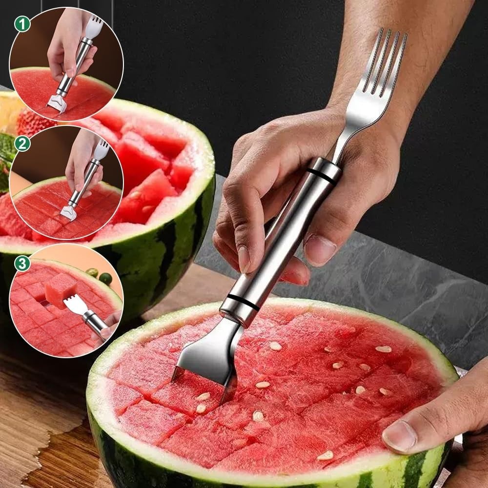 Kitchen Gadgets Home Party - 2-in-1ステンレス製フルーツカッター、スイカフォークスライサー、カットツール、家庭用パーティーキャンプキッチンガジェット用スイカフォークカッター（1個）
