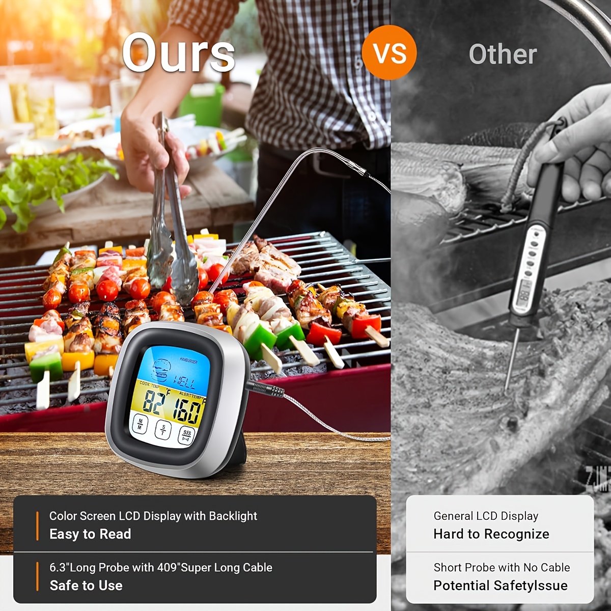 デジタル肉用温度計 BBQ タイマー 調理器具 ロングプロー - Kitchen Timer Digital のレビューと価格